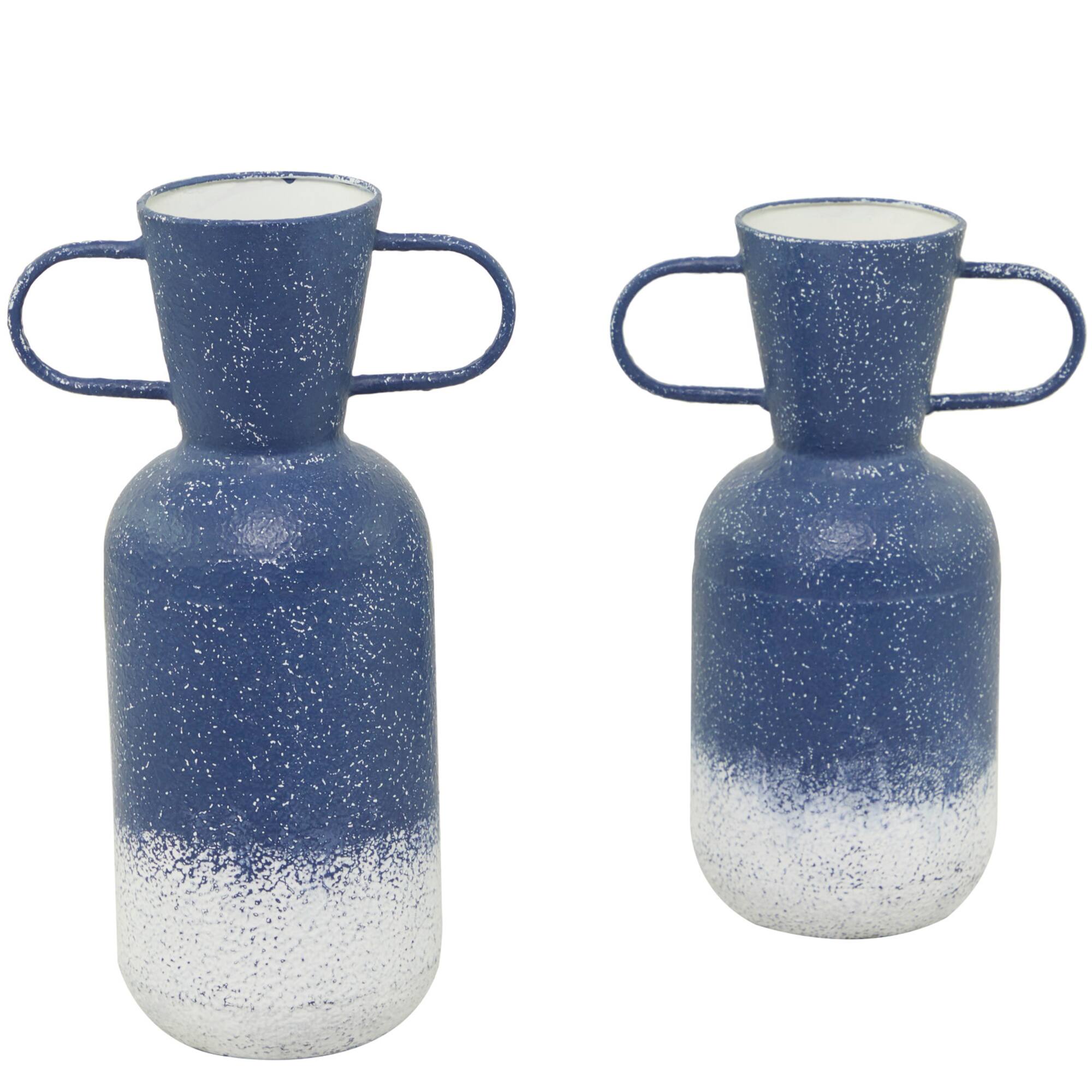 Blue Metal Vase with Handles Set of 2 17", 15"